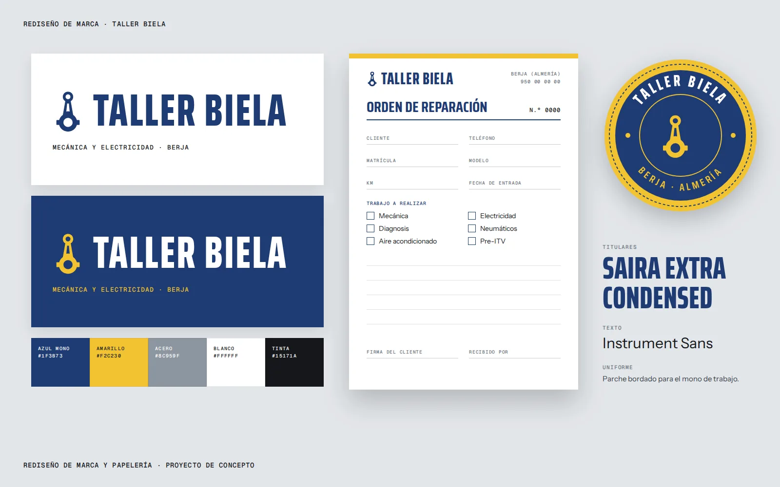Identidad de Taller Biela en positivo y negativo, paleta, orden de reparación y parche para el uniforme.