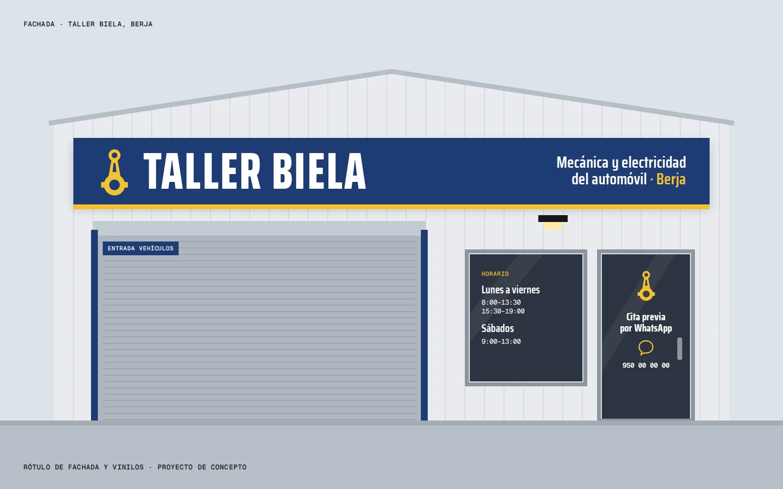Fachada del taller con el nuevo rótulo, el portón y el vinilo de horario y cita previa por WhatsApp.