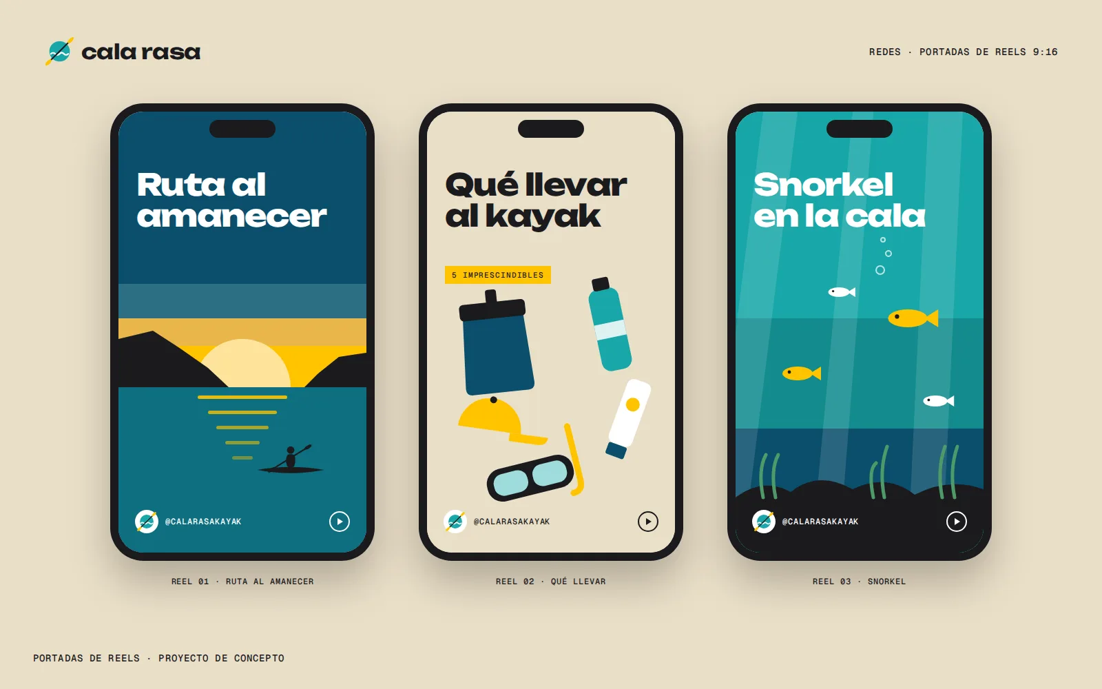 Tres portadas de reels verticales: ruta al amanecer, qué llevar al kayak y snorkel en la cala.