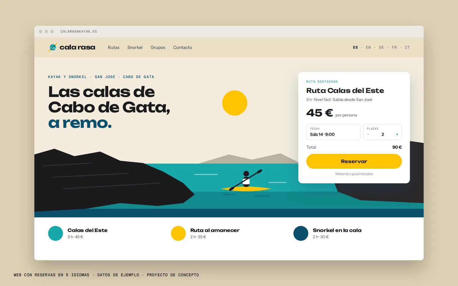 Web de Cala Rasa con ilustración de acantilados volcánicos, tarjeta de reserva y selector de idiomas.