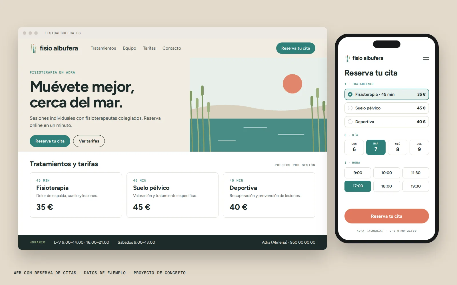 Web de Fisio Albufera en ordenador y móvil con tratamientos, precios de ejemplo y reserva de cita.