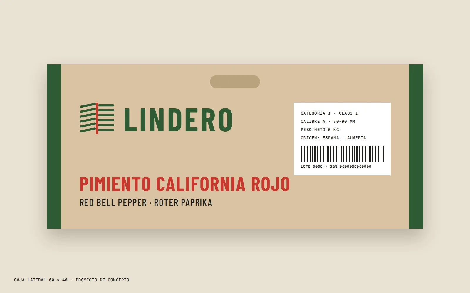 Lateral de caja de pimiento rojo con logotipo, nombre en tres idiomas y etiqueta de datos.