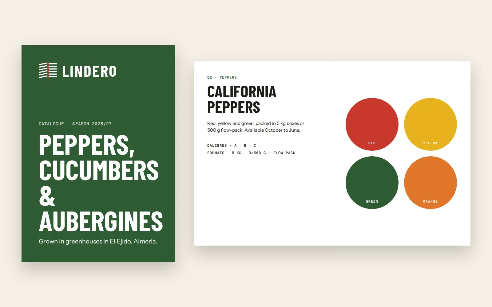 Portada y doble página del catálogo en inglés de pimientos, pepinos y berenjenas.