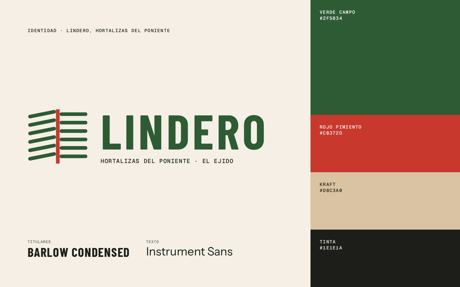 Identidad de Lindero: símbolo de surcos, logotipo y paleta verde, rojo y kraft.