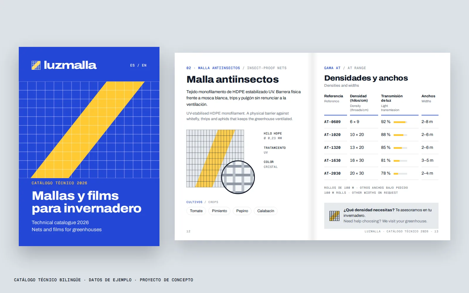 Portada y doble página del catálogo técnico bilingüe de Luzmalla con la tabla de densidades y anchos.