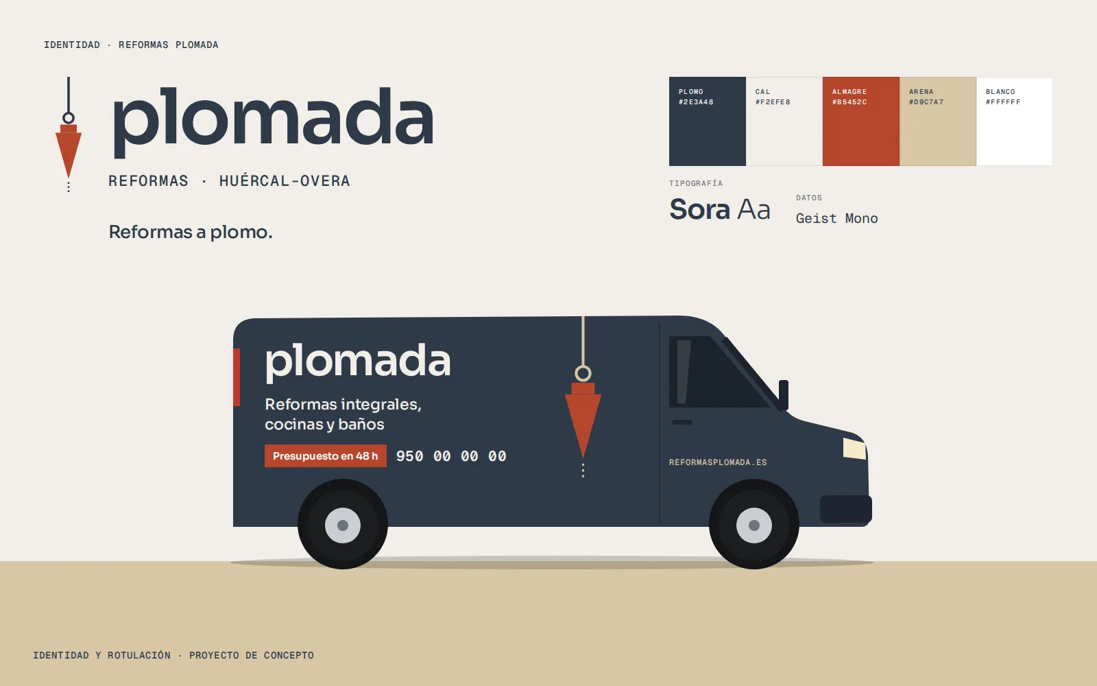 Identidad de Reformas Plomada: logotipo con plomada, paleta y rotulación de la furgoneta.