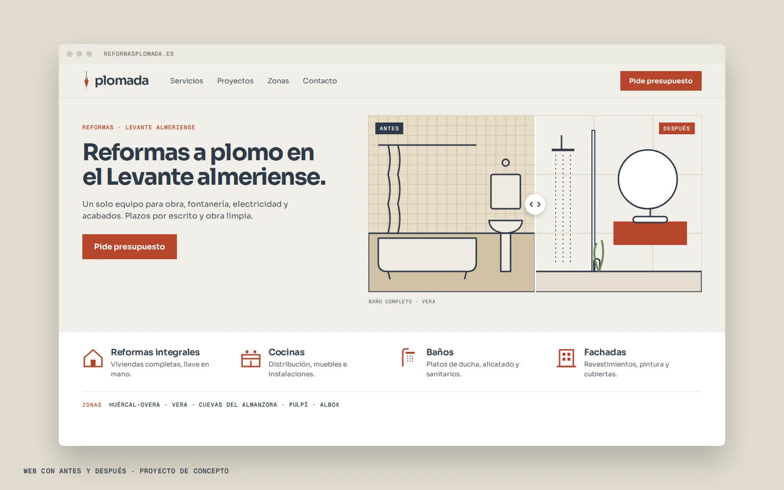 Web de Reformas Plomada con servicios, comparación de antes y después y municipios del Levante.