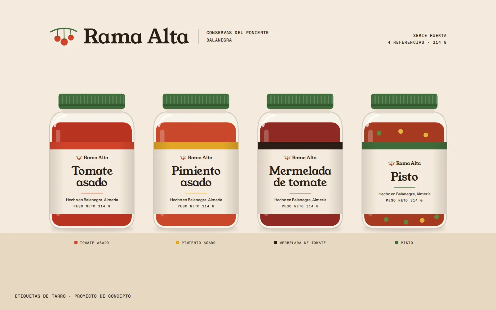 Cuatro tarros de Rama Alta con etiquetas de tomate asado, pimiento asado, mermelada de tomate y pisto.