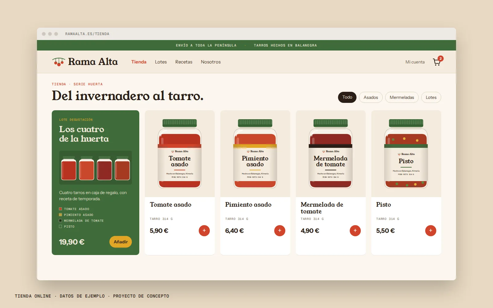 Tienda online de Rama Alta con los tarros, precios de ejemplo y un lote de degustación.