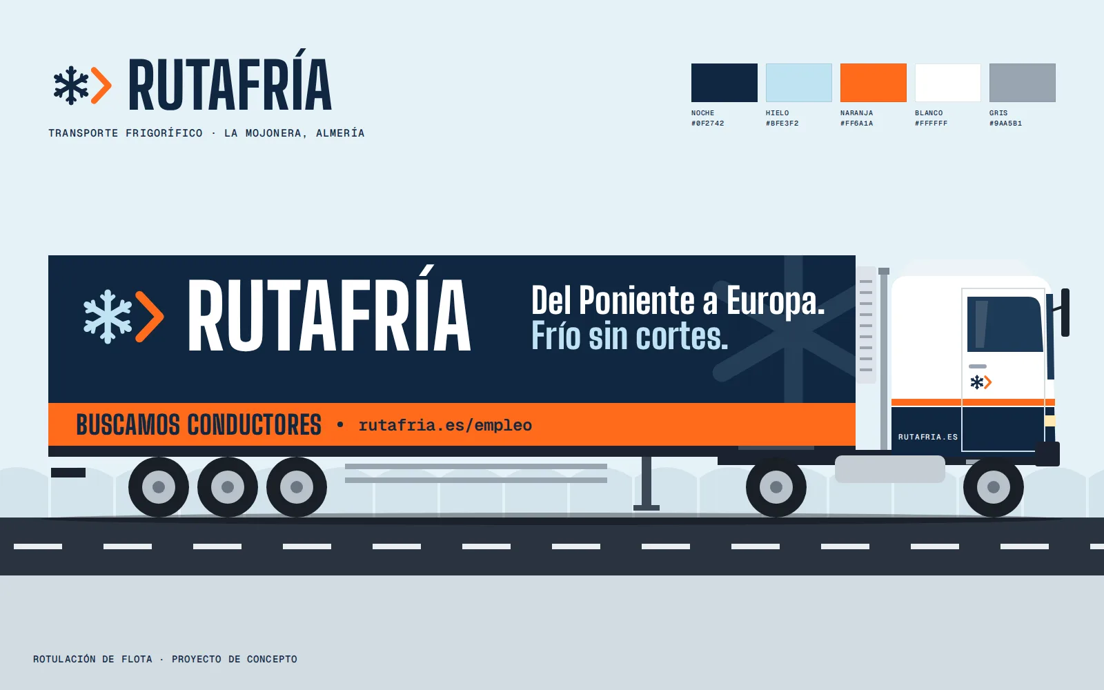 Rotulación lateral de cabeza tractora y semirremolque frigorífico con la banda de empleo en naranja.