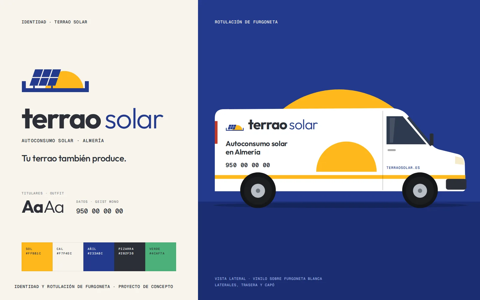 Identidad de Terrao Solar: logotipo, paleta, tipografía y rotulación lateral de la furgoneta.