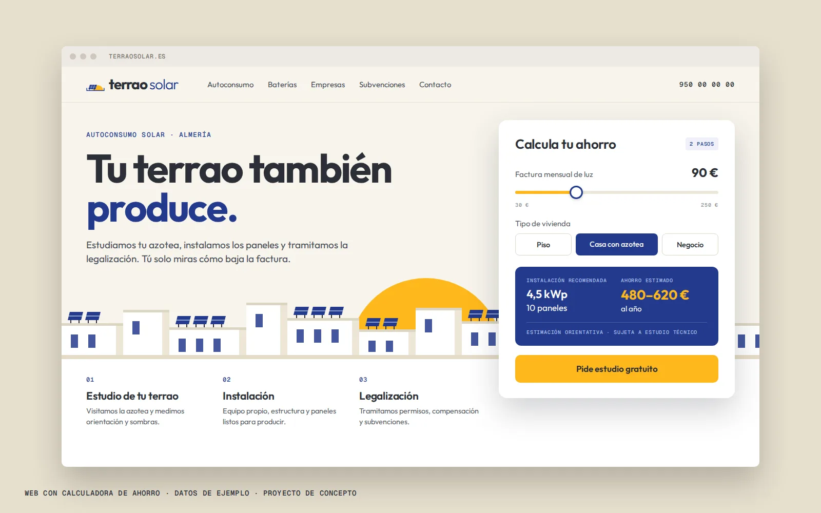 Portada de la web de Terrao Solar con la calculadora de ahorro y un resultado de ejemplo.