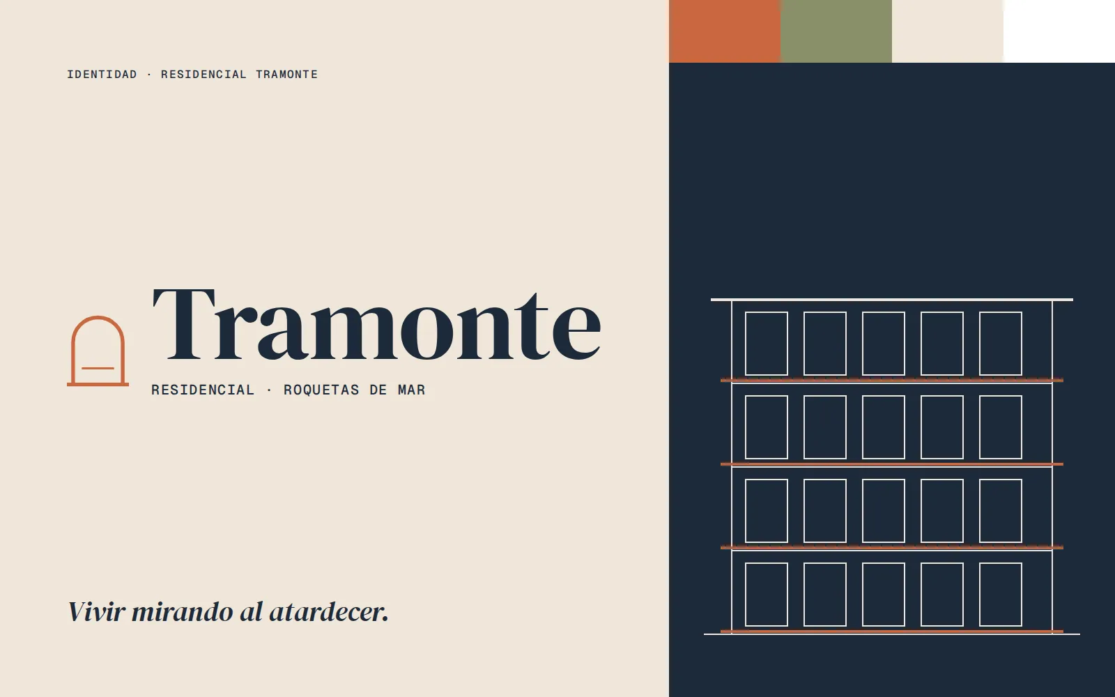 Identidad de Residencial Tramonte: logotipo con arco, lema y alzado de la fachada en línea.