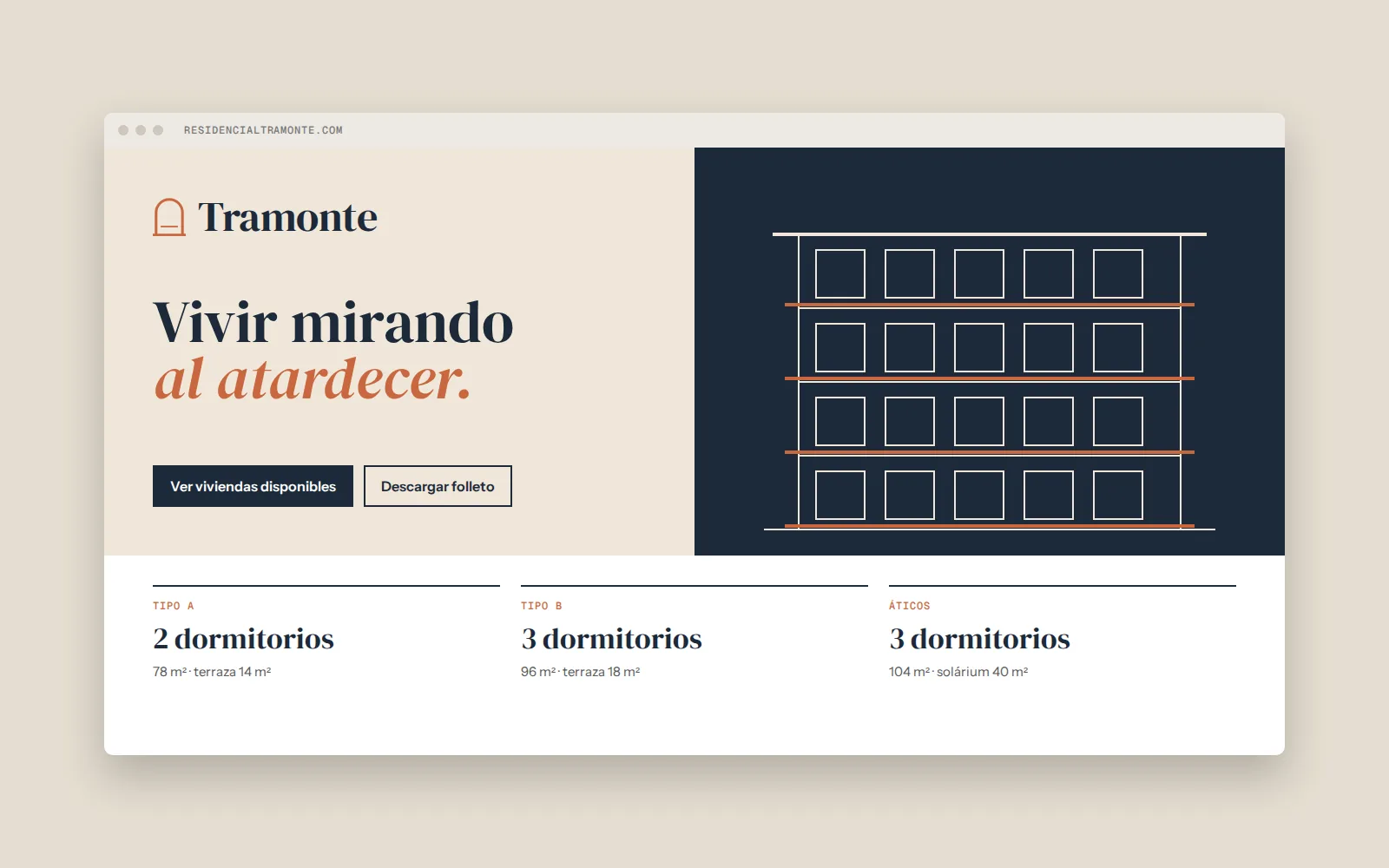Portada de la web de la promoción con tipologías de 2 y 3 dormitorios y áticos.