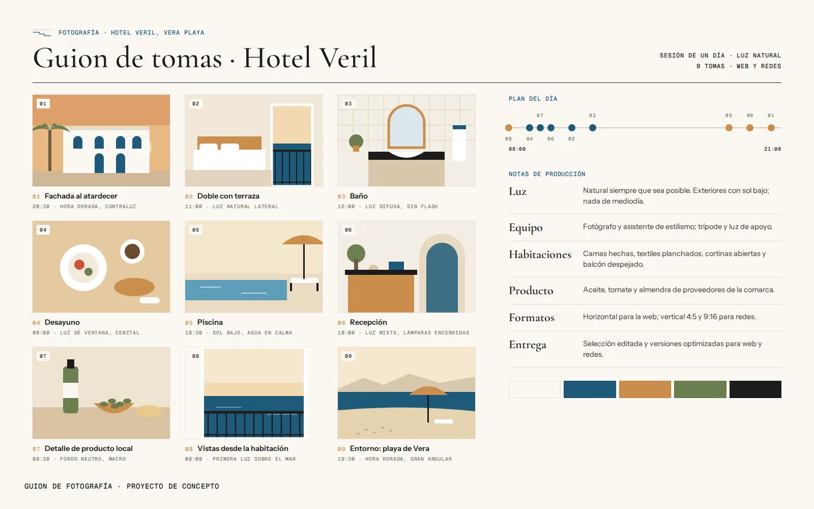 Guion de fotografía del Hotel Veril con nueve tomas planificadas por hora y luz.