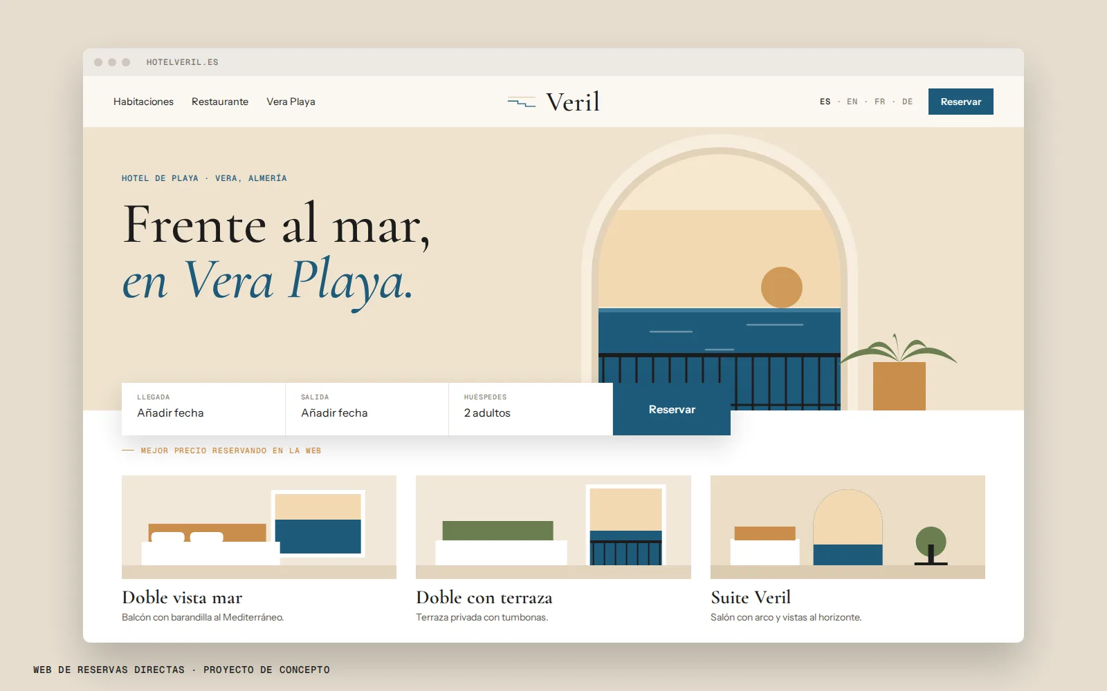 Portada de la web del Hotel Veril con buscador de reservas, selector de idiomas y tipos de habitación.